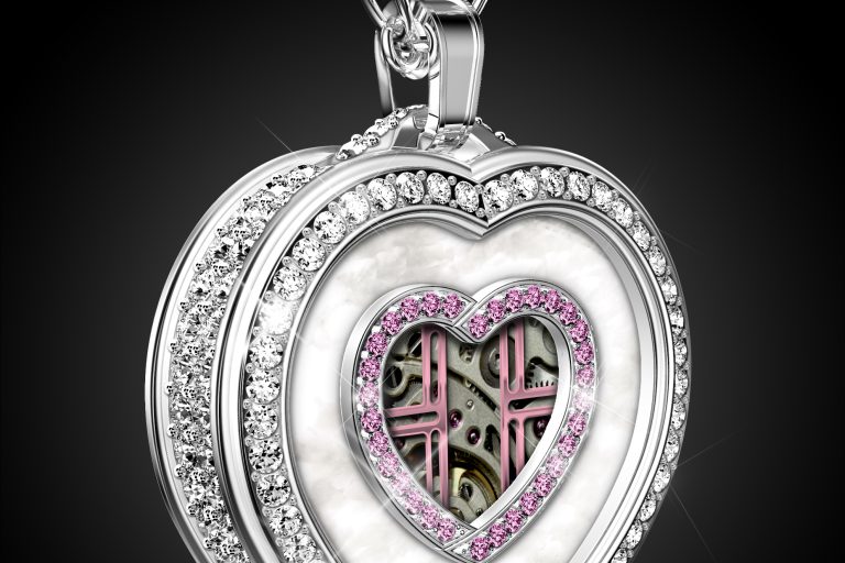 Paul Forrest Heart’s Passion pendant is powered by a mechanical Swiss-made watch movement with patented complication. Paul Forrest Heart's Passion pendant is powered by a mechanical Swiss-made watch movement with patented complication.