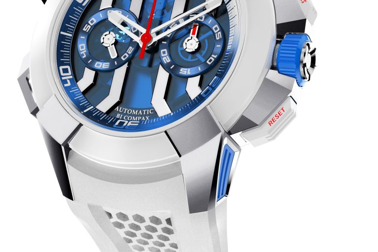 EC313.20.PE.LL.G-BT LARGE Jacob & Co Epic X Chrono Summer Edition with white ceramic bezel.
