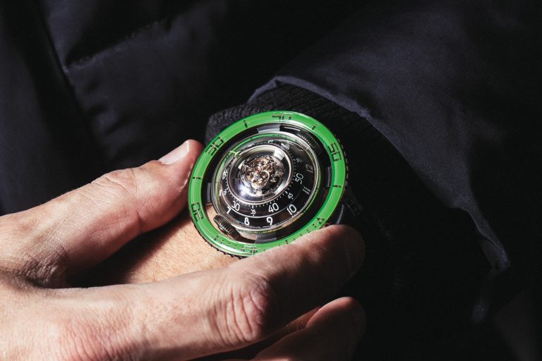 Inspired by jelly fish, the newest MB&F HM7 Aquapod is crafted in titanium with Green bezel.