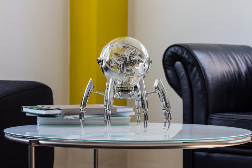 Octopod_InSitu_LRES_RGB Seen here in the palladium version, the MB&F Octopod clock has legs that are adjustable to different heights.