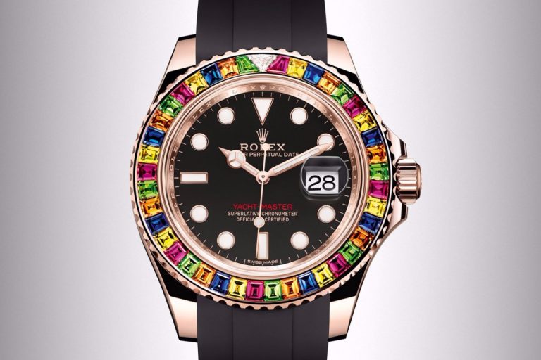 the-rolex-yacht-master-ii-40-in-everose The Rolex Yacht-Master 40 watch in Everose gold with invisibly set gemstones on the rotating bezel, as seen in Baselworld 2017.