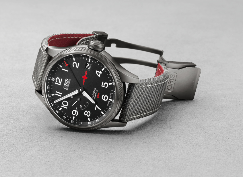 Oris GMT Rega Limited Edition Big Crown ProPilot GMT watch houses an automatic movement and features the Rega logo at 3:00.