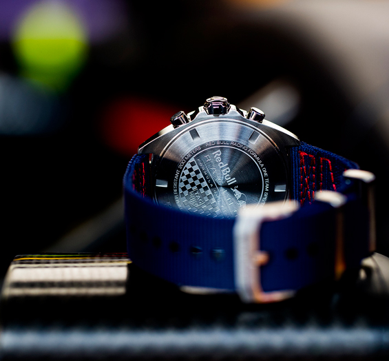 The caseback of the watch is engraved with the Red Bull logo
