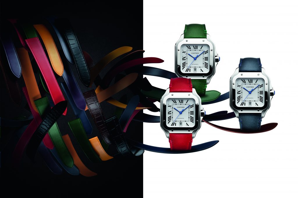 Santos D' Cartier with new patented QuickSwitch interchangeable strap system. 