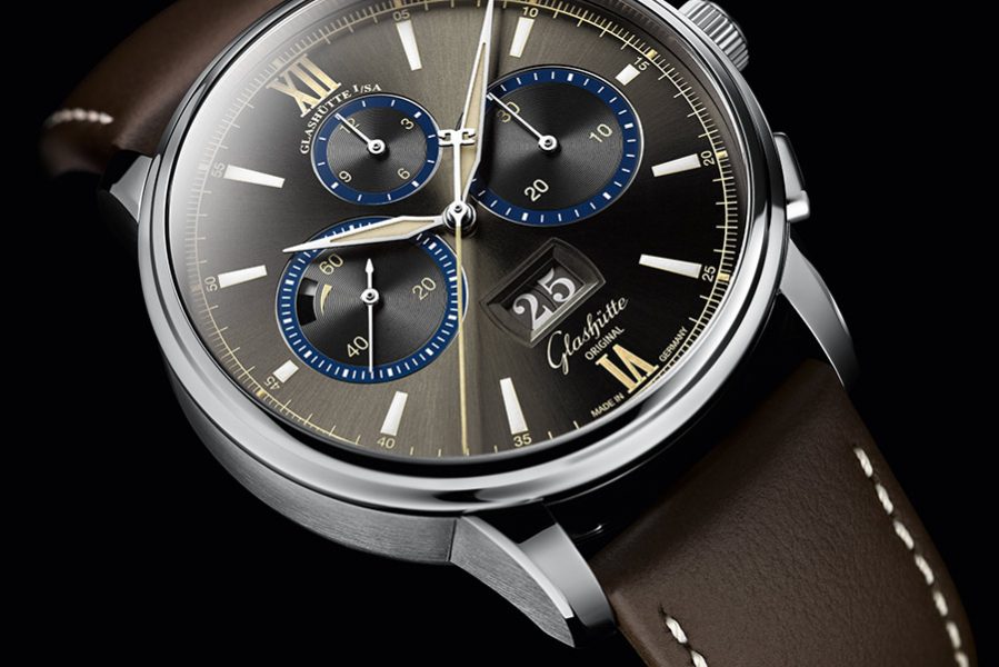 1-37-01-04-02-99_Senator-Chronograph_TheCapitalEdition_Detail-02_sRGB The stainless steel Glashütte Original Senator Chronograph Capital Edition watch with Bourbon Grey dial and blue and white accents is being made in a limited edition of just 100 pieces.