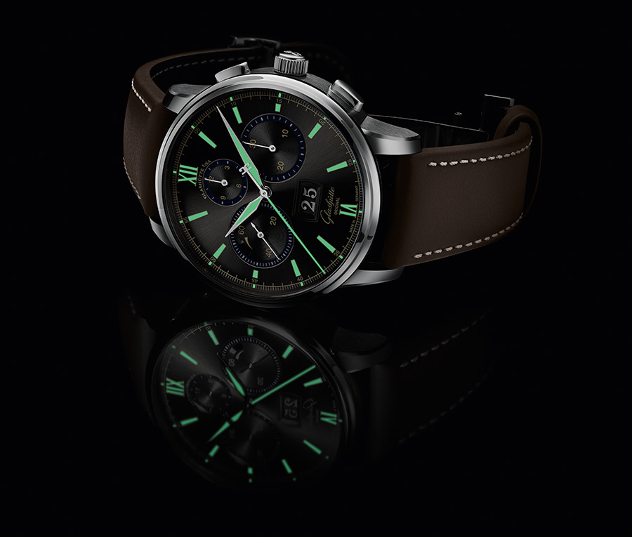 The Glashütte Original Senator Chronograph Capital Edition watches feature Super-LumiNova hands and marker that glow green in the dark.