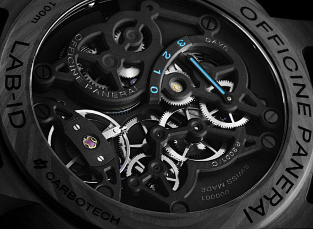 The movement parts are all treated so as to not need lubrication, enabling Panerai to offer a 50 year warranty on the 50-50-50 LAB ID Luminor 1950 Carbotech 3 Days watch.