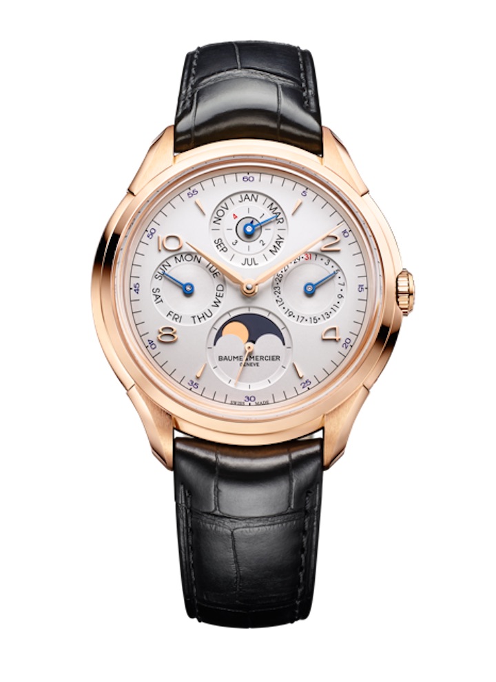 The Clifton Perpetual Calendar features a silver opaline dial with day, date, month, leap year and moon phase indications. 