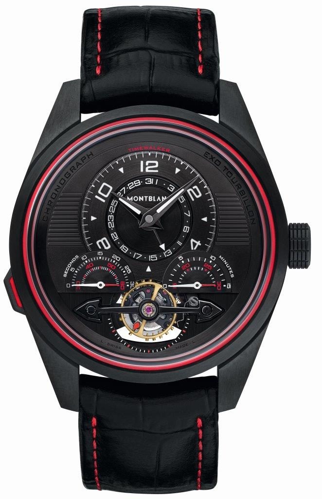 The all-new Montblanc Exotoubillon Minute Chronograph Limited Edition 100 offers a sleek black and red color scheme for the highly technical watch. 