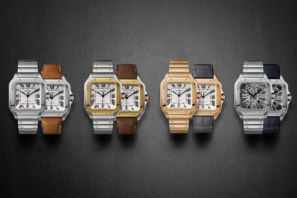 Santos de Cartier with new patented QuickSwitch interchangeable strap system. 