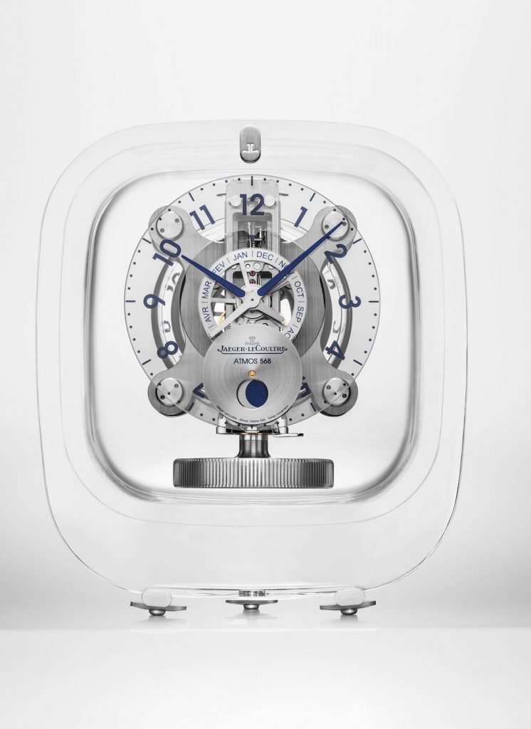 The new Jaeger-LeCoultre Atmos 568 by Marc Newson features a cabinet made by Baccarat. 