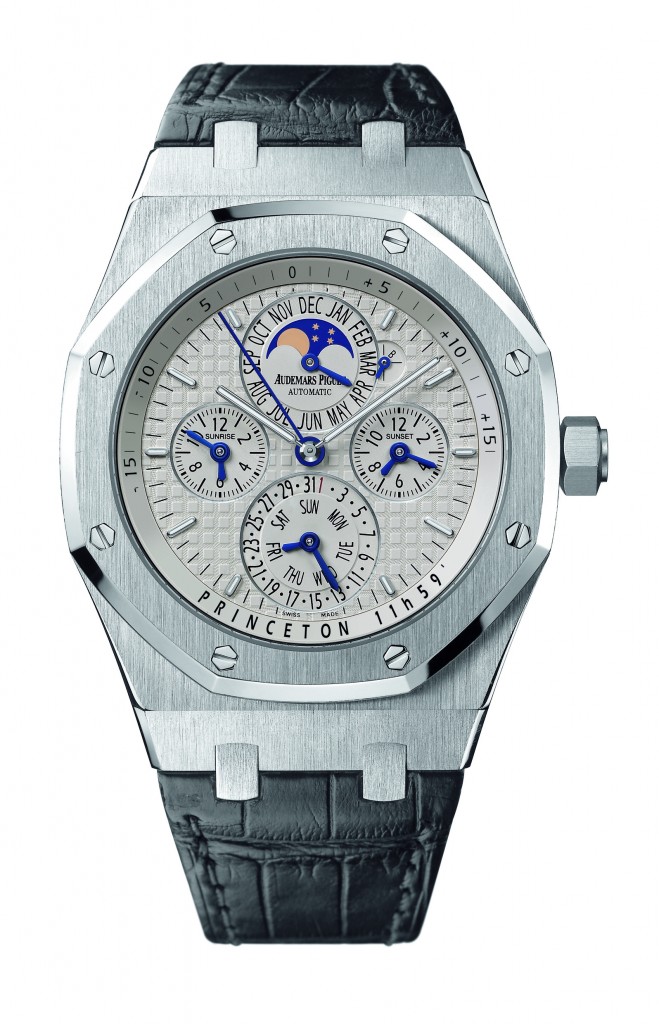  Audemars Piguet Royal Oak Equation of Time ($69,200) watch. It is powered by the Caliber 2120/2802 Manufacture made movement with 425 parts. It offers equation of time, sunrise and sunset times, perpetual calendar, astronomical moon and hours/minutes. 