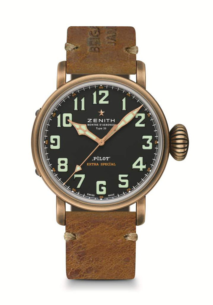 The Zenith Pilot Extra Special Thayer Limited Edition Bronze watch features a strap made of World War II ammunition bags.