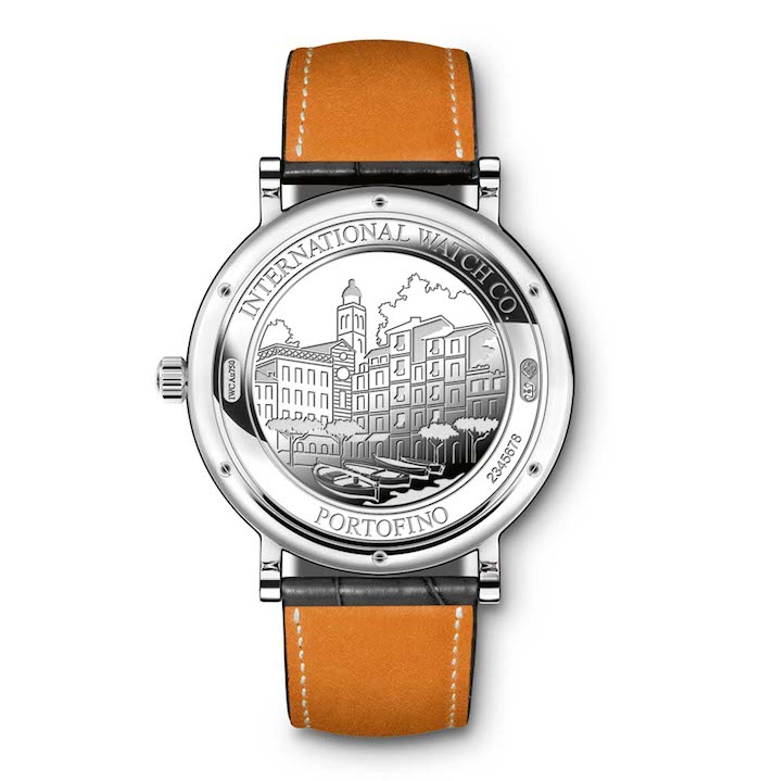 The watch case back is engraved with a scene from the city of Portofino.