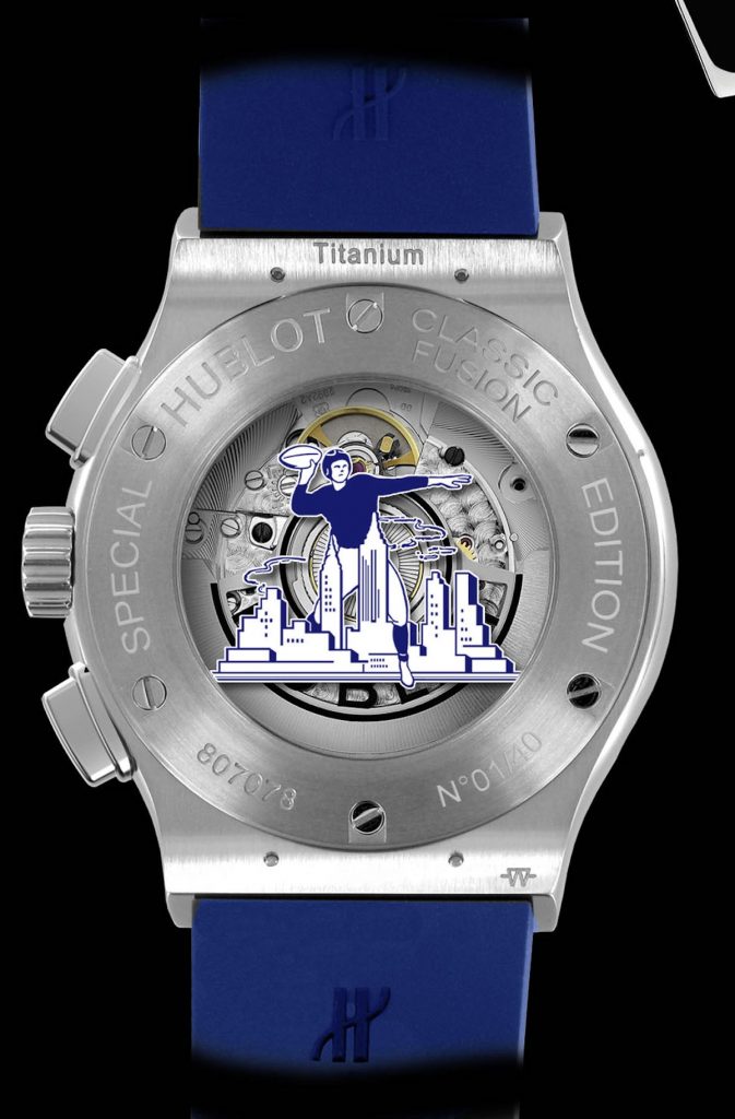 The caseback of the watch features a vintage cartoon of a Giants player against the New York skyline. 