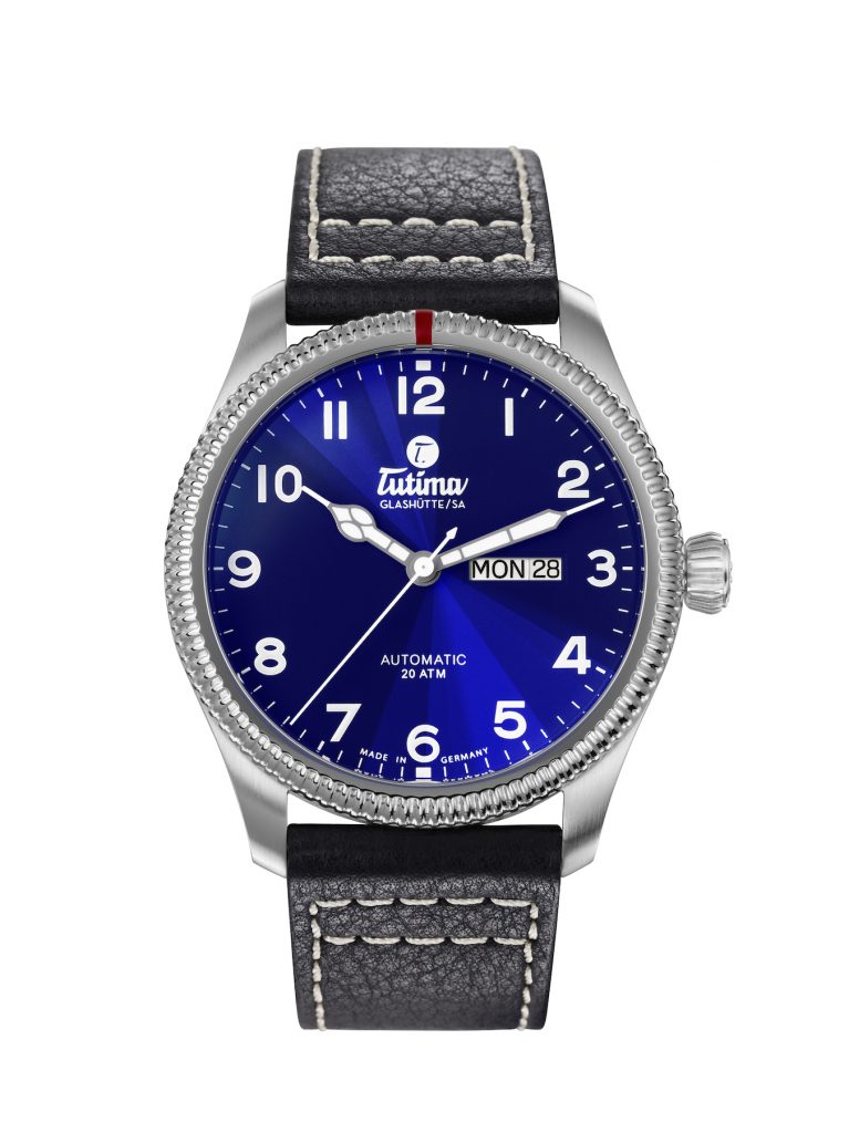 Tutima Grand Flieger Classic watch with striking blue dial. 