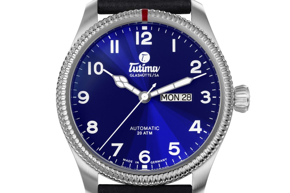 Tutima Grand Flieger Classic watch with striking blue dial.