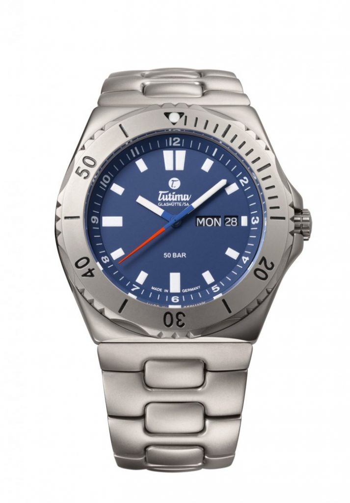 Tutima 44mm M2 Seven Seas watch in titanium with blue dial.