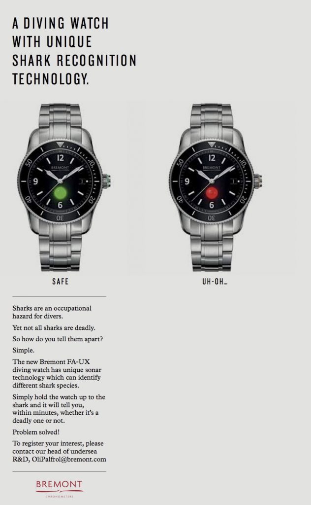 Bremont FA-UX dive watch with shark detection ... British humor on April Fool's Day