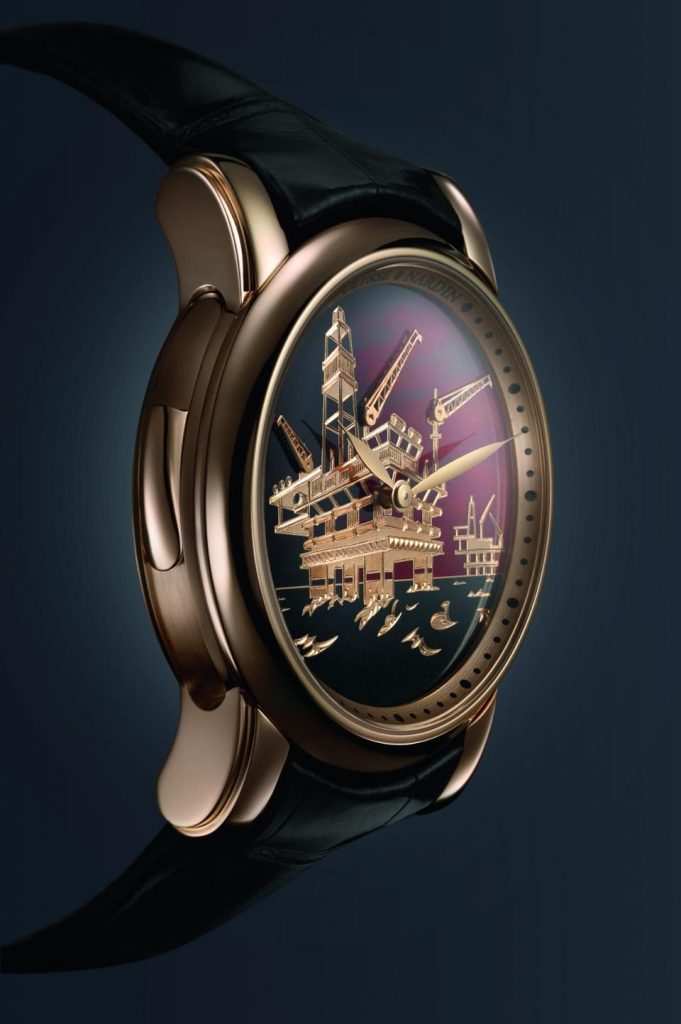 The Ulysse Nardin North Sea Minute Repeater watch with 3D dial is also an automaton, with three derricks moving as the watch sounds the time.