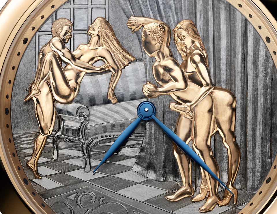 The Ulysse Nardin Classic Voyeur erotic watch could represent the first time this particular hand gesture was depicted on a watch dial. 
