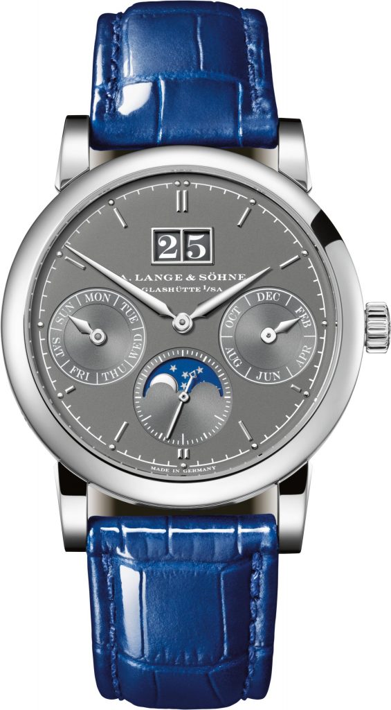 A. Lange & Sohne Saxonia Annual Calendar US Boutique Exclusive is the first model to feature white date numerals on gray dial background. 