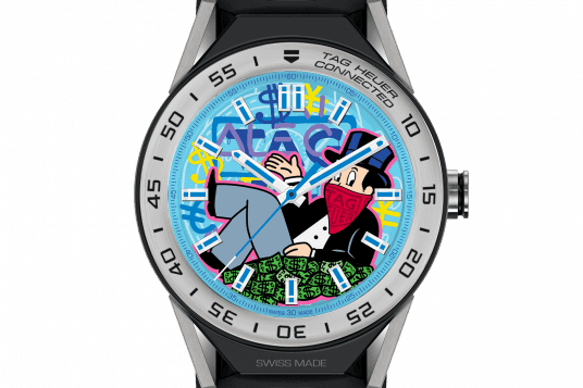 AlecMonopolySpecialEdition_ConnectedModular45 TAG Heuer Connected Modular 45 watch with dial created by graffiti artist Alec Monopoly, was unveiled at Art Basel Miami.
