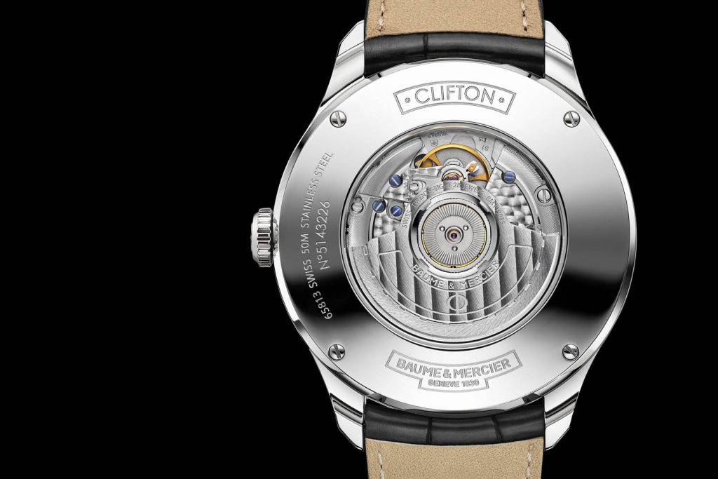 The caseback of the Baume & Mercier Clifton GMT features a sapphire crystal for viewing the movement.