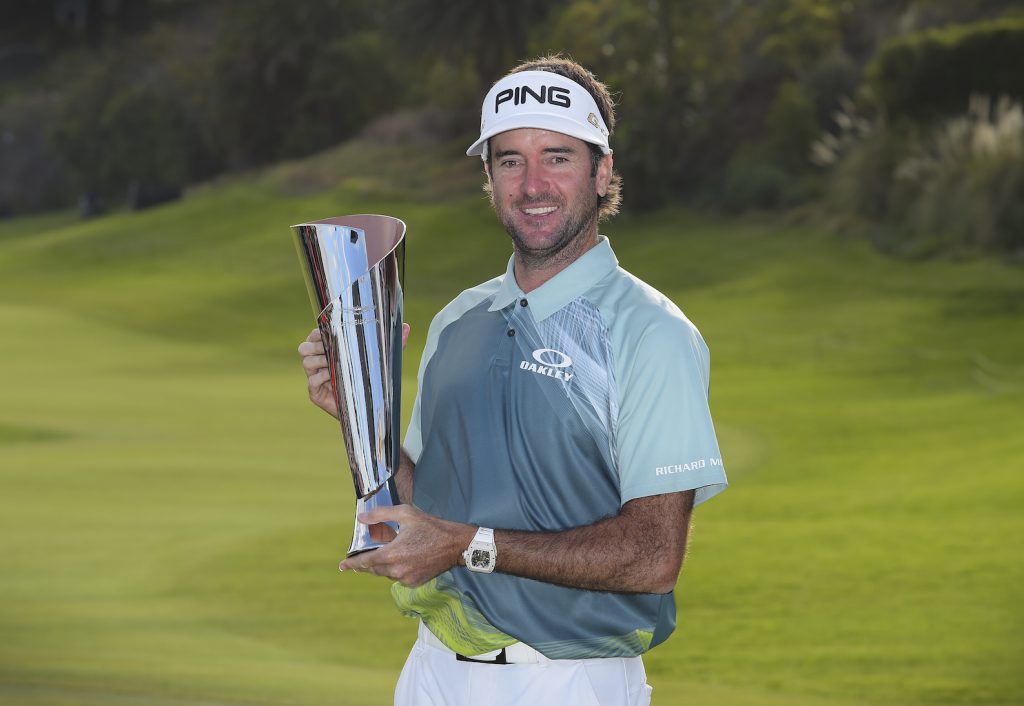 PACIFIC PALISADES, CA - FEBRUARY 18: Bubba Watson poses with the trophy after winning the Genesis Open at Riviera Country Club on February 18, 2018 in Pacific Palisades, California. (Photo by Stan Badz/PGA TOUR)