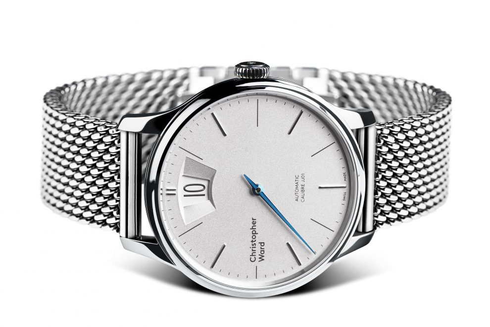 C01-40AJH1-S00W0-MSB_3D Christopher Ward C1 Malvern Jumping Hour watch on Milanese mesh bracelet.