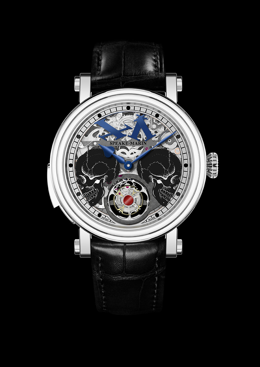 In the Peter Speak-Marin Crazy Skulls watch, the two skulls separate to reveal the tourbillon beneath them.