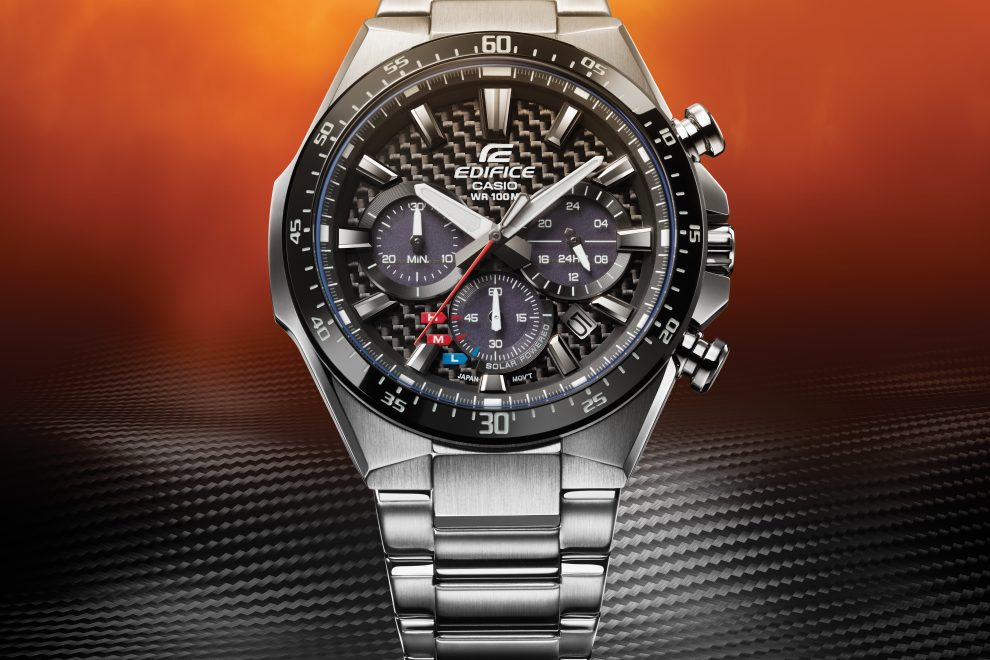 carbon fiber background New Casio Edifice EQS800 solar powered watch with carbon dial.