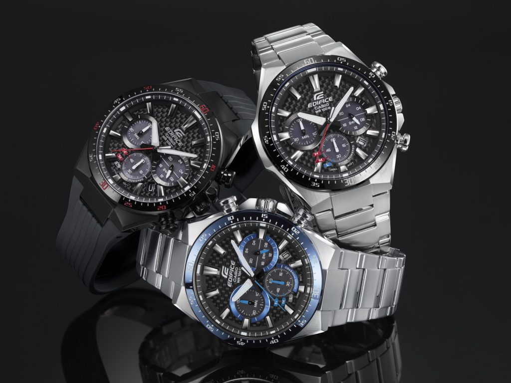 The Casio Edifice EQS800 solar powered watch with carbon dial retails for $170.