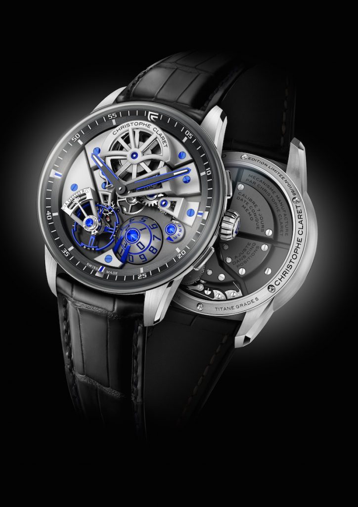 Christophe Claret Maestro in Grade 5 Titanium with blue accents and natural blue sapphires atop the cones on the dial.