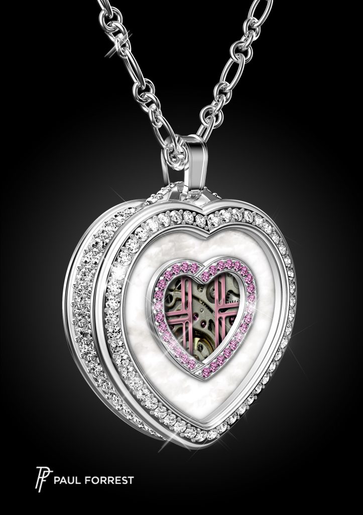 Paul Forrest Heart's Passion pendant is powered by a mechanical Swiss-made watch movement with patented complication. 