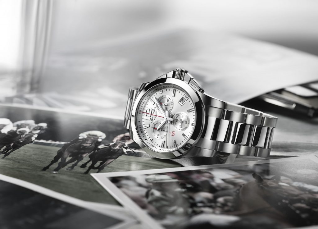 The Longines Conquest Chrono Racing, that times to 1/100th of a second, was awarded to the owners, trainer and jockey of Always Dreaming at the Kentucky Derby. 