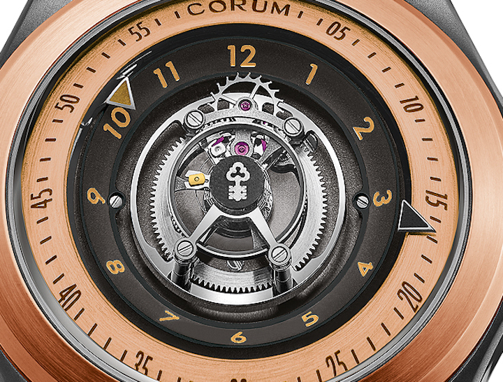Corum 18-karat rose gold 47mm Bubble Central Tourbillon watch with a bi-directional rotor and offering 65 hours of power reserve.
