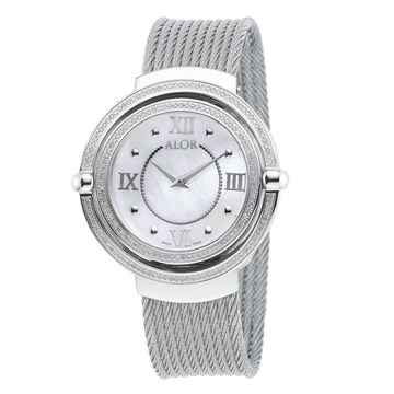 This ALOR 1979 watch is crafted in steel with a mother-of-pearl dial. 