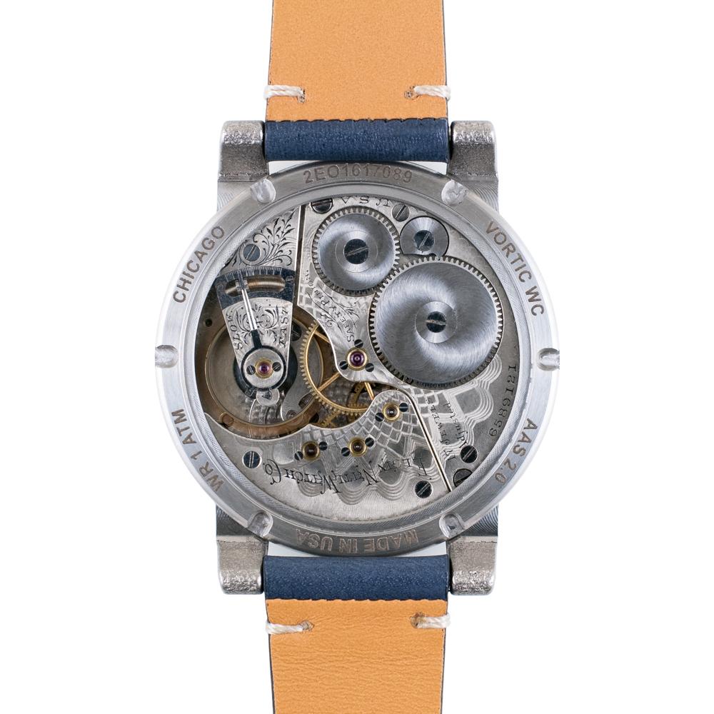 Restored Elgin movement as seen from the caseback of the Vortic Chicago American Series watch. 