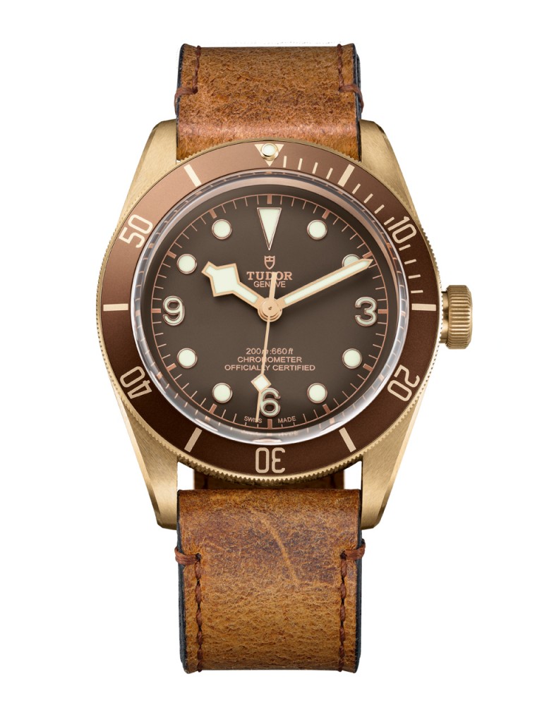 The Tudor Heritage Black Bay Bronze with bronze aluminum bezel is offered with either leather or canvas strap
