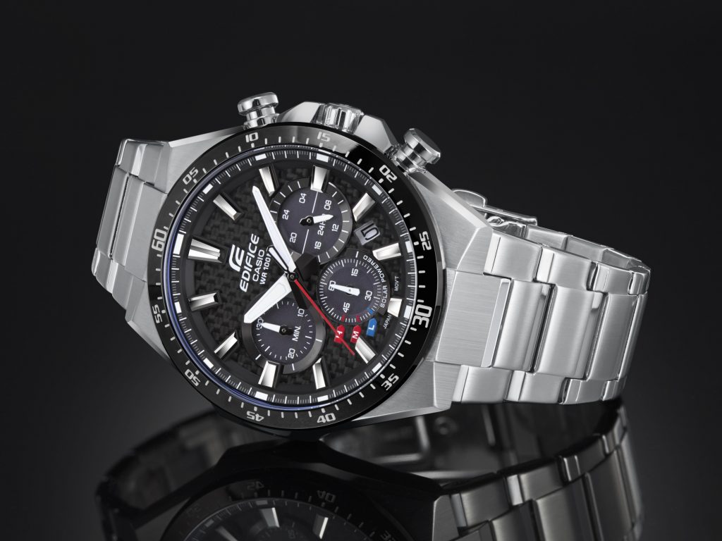 In stores now, the new Casio Edifice EQS800 solar powered watch with carbon dial comes in three versions.