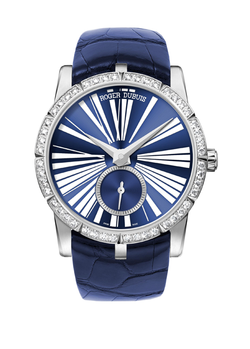 Roger Dubuis Excalibur 36mm steel watch with diamonds ($18,900), houses the mechanical caliber RD821 with 172 parts. 
