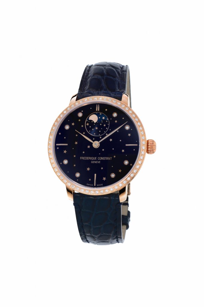 The Frederique Constant Slimline Moonphase Stars Manufacture watch houses the FC-701 Manufacture caliber, automatic with moonphase adjustable through the crown.