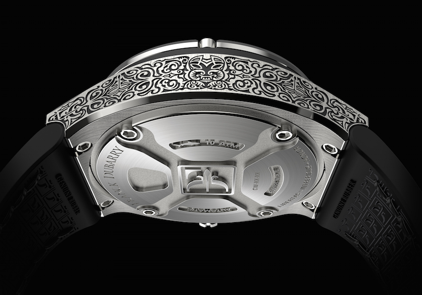 The caseback of the Dubarry Crazy Wheel watch features a stylized logo. 
