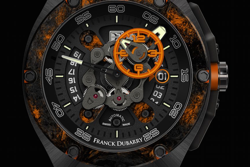 FD_CW_ORANGE forgedcarbon_SOLDAT Dubarry Crazy Wheel watch in titanium with carbon fiber bezel.