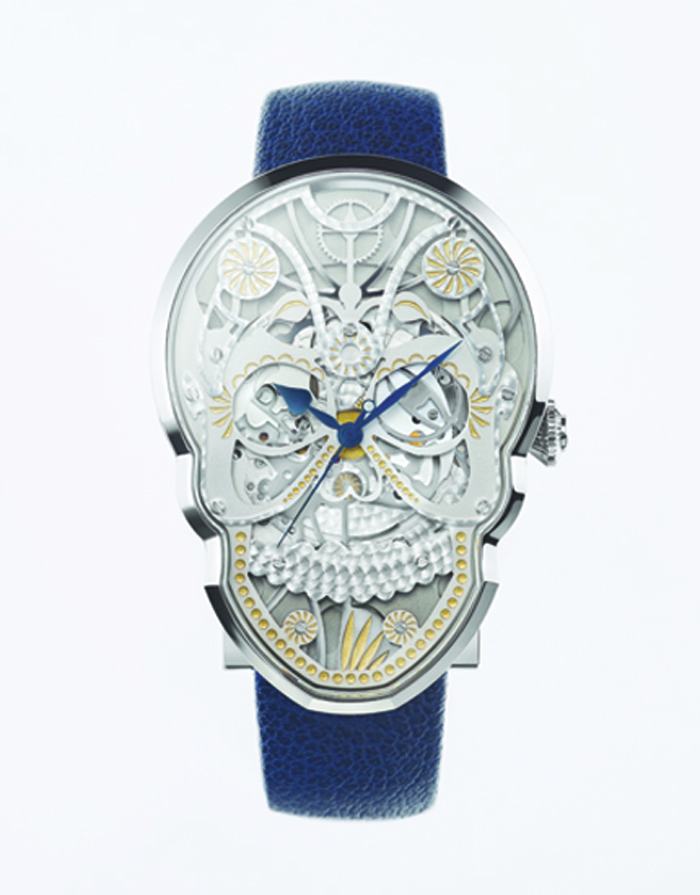The layered dial and skeletonized movement of the Fiona Kruger Skull watch make it very complex and alluring. 