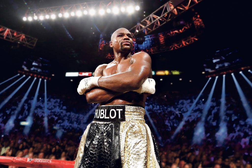 Floyd Mayweather Jr. with Hublot on his boxing shorts. 