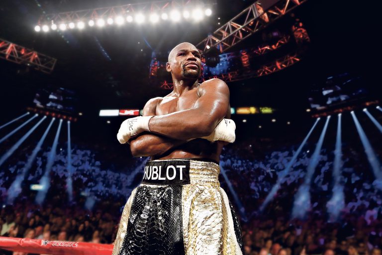Floyd Mayweather Jr. with Hublot on his boxing shorts.