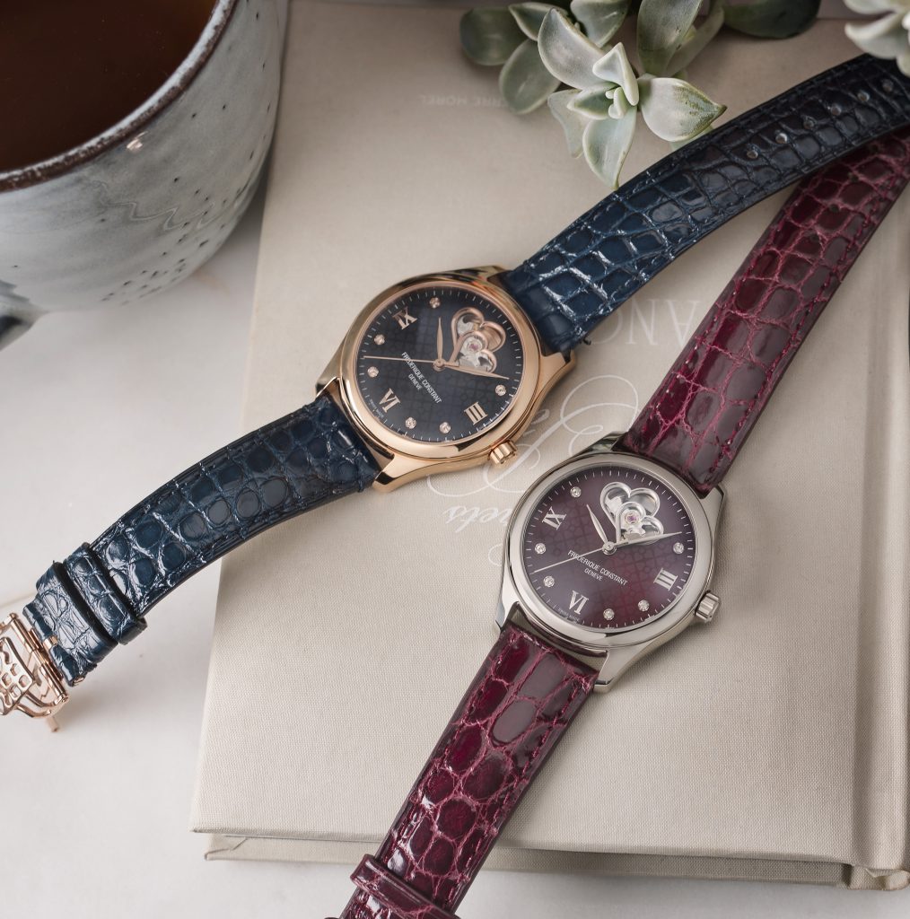 Frederique Constant Ladies Automatic Double Heart Beat watches in burgundy and blue. 