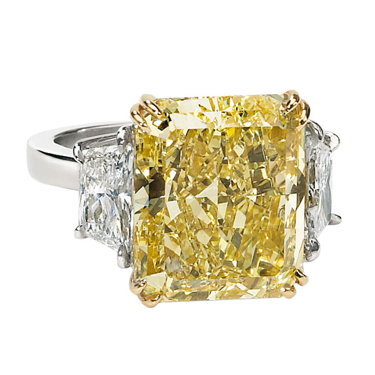 GIA certified 10.01-carat radiant-cut 3-stone ring, sold at auction for $78,185. (Photo courtesy of Worthy.com)